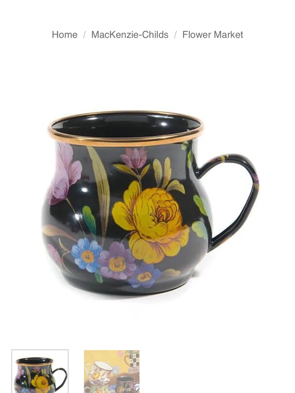 MacKenzie-Childs Black Flower Market Enamel Mug with Gold Rim - Picture 2 of 3